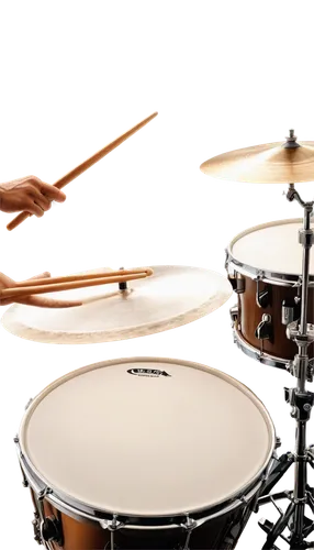 Drum set, shiny metal, brown wooden drumsticks, dynamic pose, hands moving, energetic performance, spotlight shining, dark background, close-up shot, dramatic lighting, high contrast, realistic textur