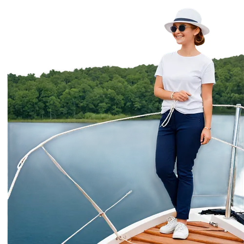 sailboat, white sail, blue hull, silver keel, wooden deck, shiny railings, rope coils, sailing wheels, sailor's hat, sunglasses, smiling face, relaxed posture, leaning on boat, lake background, calm w