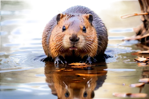 Beaver, semi-aquatic rodent, brown fur, flat tail, whiskers, cute eyes, wet nose, front teeth, wood chips around, water reflection, shallow depth of field, natural light, 3/4 composition, warm color t