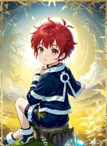 an anime anime character with bright red hair sitting on a rock in front of a full moon,adol,asbel,charibert,lavi,pherae,guren,shirou,eguren,otoya,riou,ryunosuke,impey,shirayuki,touma,syaoran,rance,to