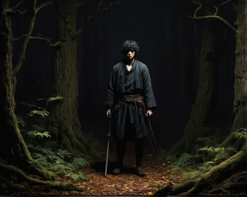 hooded man,forest man,the wanderer,swordsman,woodsman,world digital painting,howl,forest dark,wanderer,the path,in the forest,forest background,sōjutsu,shinigami,the woods,cloak,lone warrior,black crow,farmer in the woods,samurai,Art,Classical Oil Painting,Classical Oil Painting 06