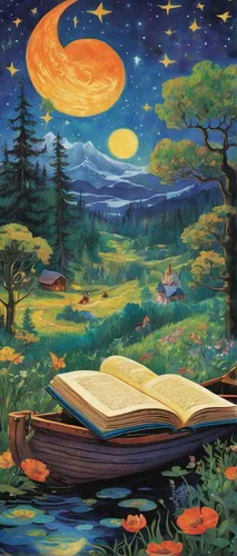 magic book,writing-book,read a book,hymn book,starry night,book illustration,open book,fantasy picture,the night of kupala,sci fiction illustration,children's fairy tale,library book,dreamland,fairytales,dream world,turn the page,night scene,idyll,music book,books,Art,Classical Oil Painting,Classical Oil Painting 27