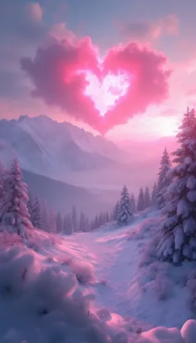 an artist has created a surreal picture of snow covered trees,valentines day background,winter background,christmas snowy background,heart background,valentine background,dawnstar