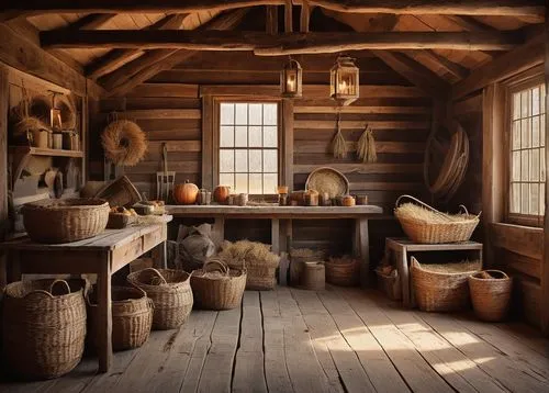 Rustic barn, vintage wooden beams, earthy tone, hay bales scattered, old farm tools hung on walls, lanterns, wooden crates, woven baskets, natural light pouring through large windows, stone floor, dis