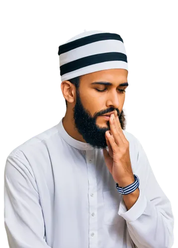 Muslim man, traditional attire, white thawb, Arabic patterns, Imam cap, beard, mustache, prayer beads, hands clasped together, serene expression, warm lighting, soft focus, 3/4 composition.,mutawakil,