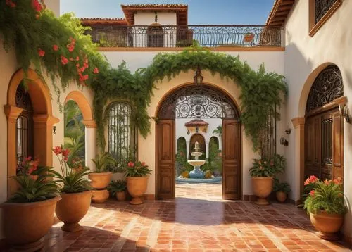 hacienda,archways,courtyards,riad,doorways,santa barbara,courtyard,palmilla,marbella,positano,greek island door,la kasbah,merida,marrakesh,entryway,patios,cortile,garden door,terracotta tiles,inside courtyard,Art,Classical Oil Painting,Classical Oil Painting 27