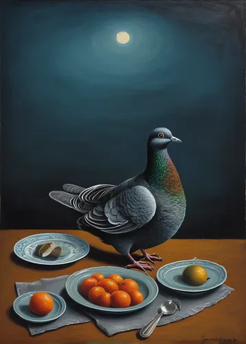 still-life,painting eggs,still life,surrealism,bird painting,painting easter egg,domestic bird,breakfast table,painted eggs,silversmith,still life with onions,quail,oil painting on canvas,summer still-life,carol colman,egg dish,still life of spring,robin redbreast,italian painter,metalsmith,Art,Artistic Painting,Artistic Painting 02