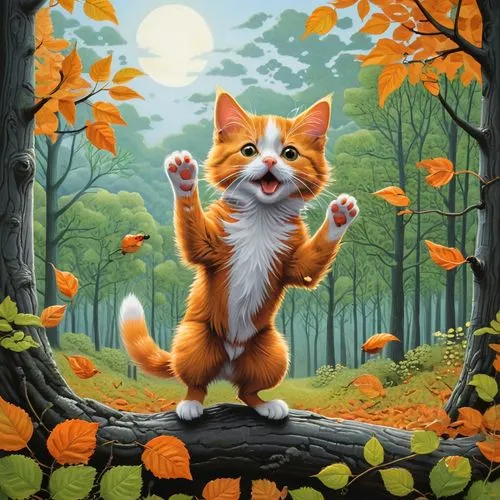 autumn background,halloween cat,autumn theme,samhain,cartoon cat,ginger kitten,Illustration,Realistic Fantasy,Realistic Fantasy 11