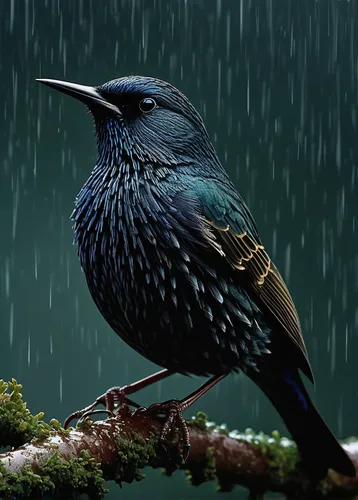 Write a melancholic poem about an adult starling lost in the rain.,european starling,starling,steller s jay,adult starling,brewer's blackbird,grackle,water ouzel,broadbill,blue rock thrush,corvidae,be