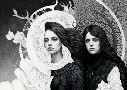 norns,priestesses,sorceresses,gothic portrait,hecate,malefic,Illustration,Black and White,Black and White 09