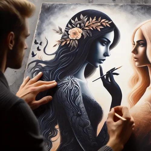 meticulous painting,fantasy art,art painting,hand painting,mirror of souls,bodypainting,chalk drawing,mystical portrait of a girl,body painting,artist,fantasy portrait,artistry,painting technique,oil painting on canvas,street artist,dark art,flower painting,sacred art,magic mirror,painting
