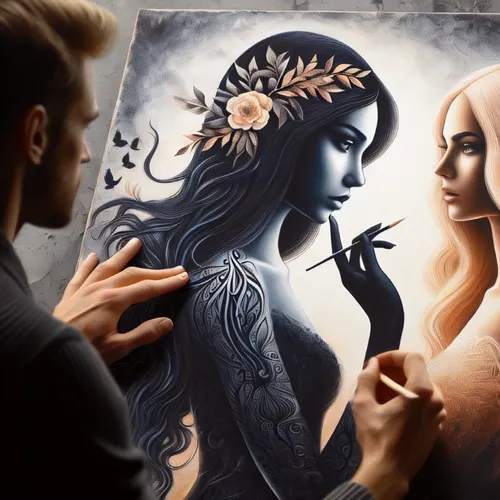 meticulous painting,fantasy art,art painting,hand painting,mirror of souls,bodypainting,chalk drawing,mystical portrait of a girl,body painting,artist,fantasy portrait,artistry,painting technique,oil 