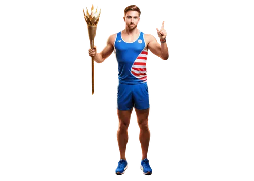 Olympic torch, golden flame, dynamic pose, athletic male, muscular arms, strong legs, sports uniform, red and blue stripes, shiny medal, laurel wreath, morning light, high-angle shot, 3/4 composition,