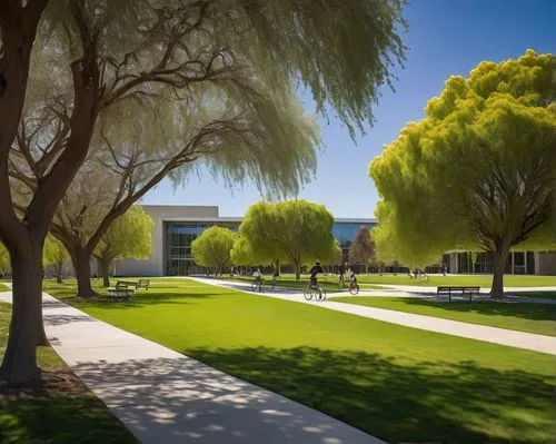 Modern university campus architecture, UC Davis, sunny California day, vibrant green grass lawns, sprawling concrete walkways, sleek glass and steel buildings, minimalist sculptures, students lounging