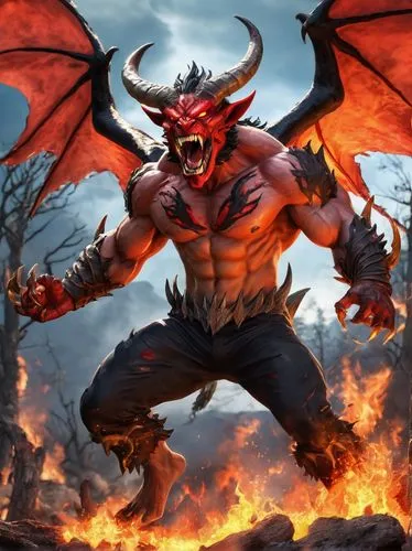 Horned demon, big mouth, sharp teeth, menacing gaze, red skin, muscular arms, clawed hands, torn black wings, ripped dark pants, intense screaming, hellish background, lava flows, burning trees, omino