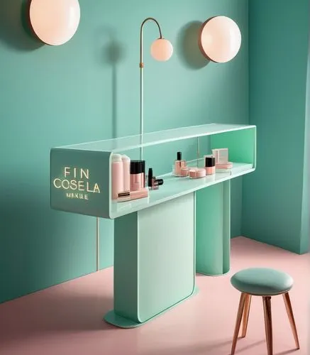 Beauty pop-up makeup table design, mid-century concept, mint color background, side cosmetics display.,cosmetics counter,dressing table,beauty room,beauty salon,women's cosmetics,bar counter,makeup mi