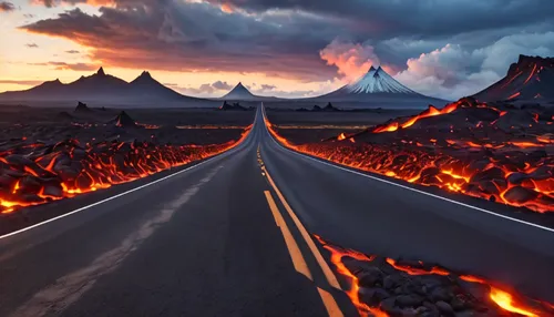 road of the impossible,lava,road to nowhere,door to hell,volcanic landscape,fire mountain,lake of fire,bad road,volcanic field,lava plain,mountain highway,fire in the mountains,lava river,volcanic,sco