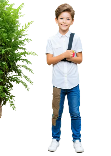 Young boy, casual outfit, messy brown hair, bright smile, freckles on nose, blue eyes, white shirt, denim jeans, sneakers, holding camera, relaxed posture, slight blur, natural light, soft focus, warm