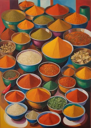 colored spices,indian spices,spice market,masala,spice souk,rangoli,spices,rajasthani cuisine,maharashtrian cuisine,punjena paprika,punjabi cuisine,curry powder,nepalese cuisine,salsa sauce,five-spice powder,salsa,kaeng som,dal,habaneras,color table,Art,Artistic Painting,Artistic Painting 35