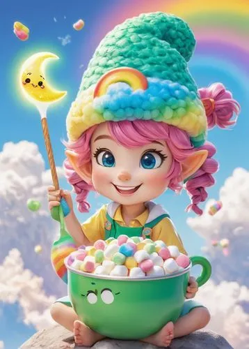 rainbow pencil background,candy cauldron,pot of gold background,rainbow background,candy island girl,rainbow clouds,orbeez,cute cartoon character,pot of gold,marshmallows,drug marshmallow,marshmallow art,bonbon,girl with cereal bowl,rainbow unicorn,raimbow,sugar candy,marshmallow,lucky charm,pompom,Illustration,Japanese style,Japanese Style 02