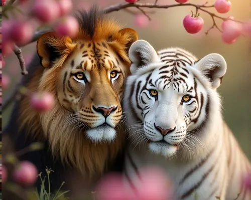 photorealistic, lion and tiger portrait, pink flowers, apple tree, soft focus, bokeh, natural light, tiger and white lion, amber eyes,two white and brown tigers on a flowering tree,lions couple,stiger