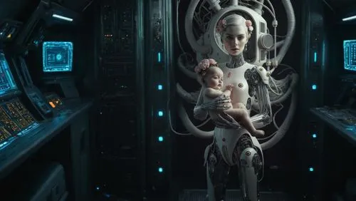 Añade el interior de una nave espacial con muchos controles y luces y un niño robot,valerian,sci fi surgery room,district 9,passengers,andromeda,sci fi,biomechanical,cyborg,sci-fi,sci - fi,scifi,binar