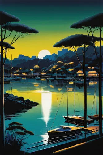 osaka bay,japan landscape,cool woodblock images,evening lake,japan's three great night views,boat landscape,coastal landscape,beach landscape,boat harbor,night scene,lakeside,west lake,waterfront,lagoon,sea landscape,sayama lake,sunset beach,travel poster,sailboats,waterscape,Illustration,Vector,Vector 09