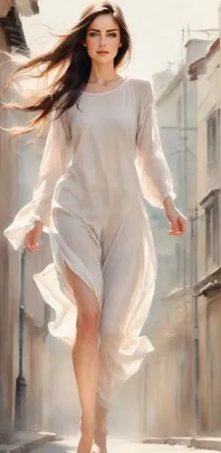 side view: (barefoot, bare feet, bare soles) dreamy expression, natural proportions, long shoulderlong hair, stylish loose ponytail, natural lips, pale lips, dainty delicate graceful tender, medium sm