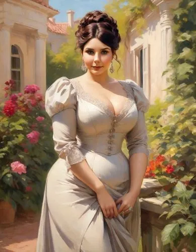 woman in formal dress standing on a staircase by a wall,perugini,pregnant woman,netrebko,botero,victorian lady,pregnant statue,Digital Art,Impressionism