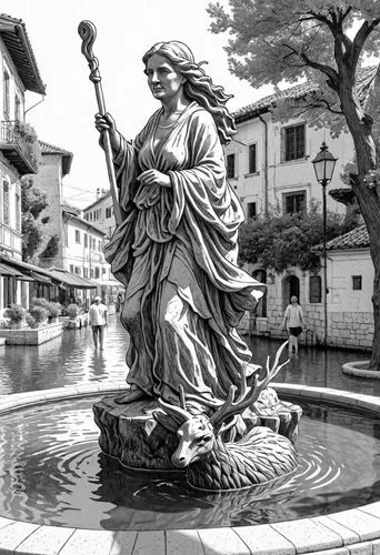 an ink drawing of a woman holding a staff and walking,justitia,fountain of neptune,fontana del moro,neptune fountain,city fountain,savigliano,Design Sketch,Design Sketch,Detailed Outline