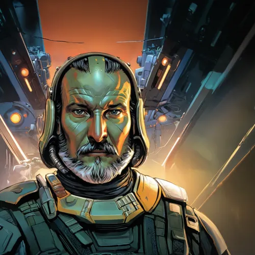 shepard,sci fiction illustration,cg artwork,cybernetics,admiral von tromp,sci fi,game illustration,cowl vulture,the emperor's mustache,emperor of space,valerian,infiltrator,scifi,war machine,sci-fi,sc