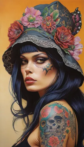 woman's hat,the hat-female,the hat of the woman,flower hat,girl wearing hat,boho art,tattoo girl,painted lady,beautiful bonnet,girl in flowers,fantasy art,ladies hat,women's hat,high sun hat,black hat,geisha girl,sun hat,oil painting on canvas,fantasy portrait,art painting,Conceptual Art,Fantasy,Fantasy 04