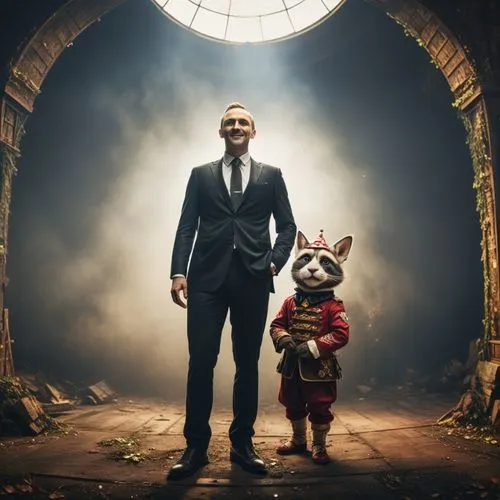 a man dressed in business attire with a dog wearing an outfit,puppetmaster,bearmanor,barak,megalomaniacal,him,potus,Photography,General,Fantasy