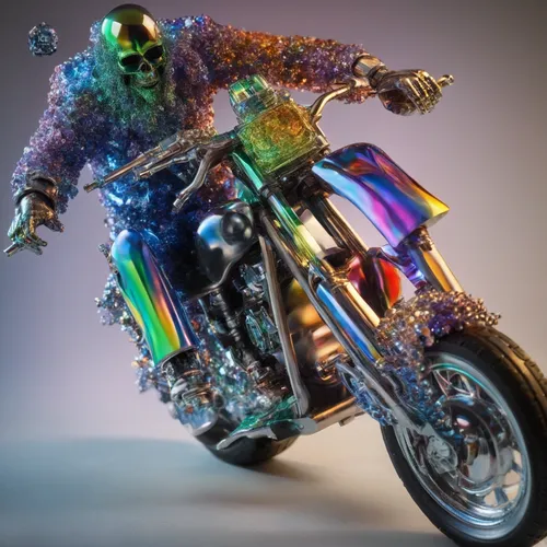 Vibrant Highly detailed shot of an (((multicolour iridescence))) crystal sculpture in the shape of a bad man on a motorcycle. plain background, front view, crystal particles glittering, back light, ul