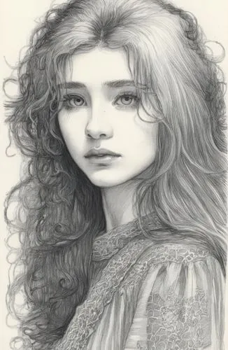 黑白，素描,a portrait drawing of a girl with curly hair,merida,girl drawing,behenna,young girl,girl portrait,graphite,Illustration,Black and White,Black and White 13