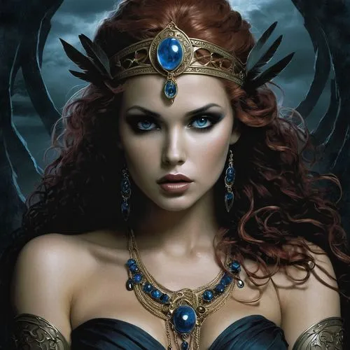 sorceress,fantasy art,celtic queen,the enchantress,dark angel,blue enchantress,priestess,fantasy woman,warrior woman,athena,female warrior,queen of the night,gothic woman,the zodiac sign pisces,callisto,gothic portrait,fantasy portrait,zodiac sign libra,cybele,diadem,Conceptual Art,Fantasy,Fantasy 34