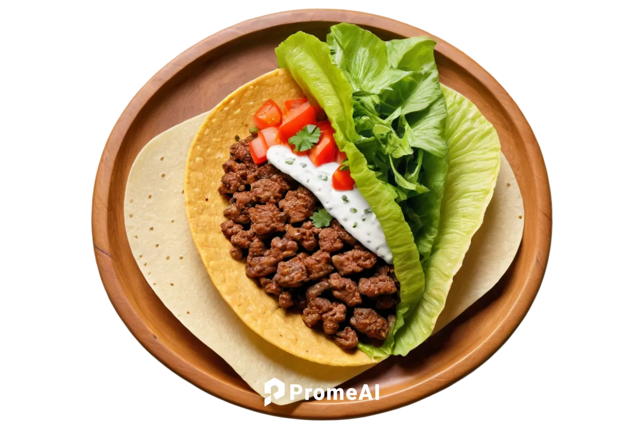 Mexican food, taco, solo, colorful, crispy shell, seasoned beef, melted cheese, fresh lettuce, diced tomatoes, sour cream, cilantro, wooden plate, overhead shot, shallow depth of field, vibrant colors