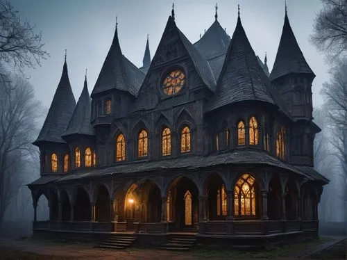 Grotesque architectural style, medieval-era Gothic Revival, grandiose building, intricate stone carvings, pointed arches, ribbed vaults, flying buttresses, ornate spires, stained glass windows, heavy 