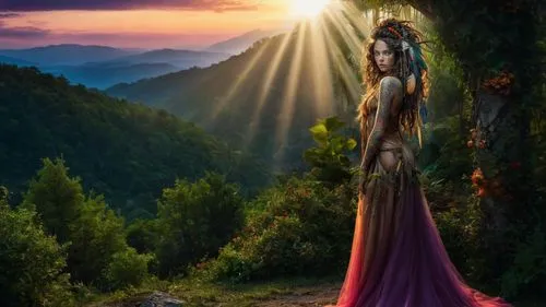 fantasy picture,rapunzel,shamanism,girl in a long dress,shamanic,the spirit of the mountains,mystical portrait of a girl,fantasy art,faerie,photomanipulation,faery,photo manipulation,mother earth,mountain sunrise,mother earth statue,the enchantress,girl with tree,photoshop manipulation,the pillar of light,celtic woman