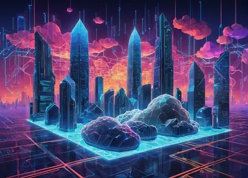 futuristic landscape,cyberia,cybercity,cloudstreet,kaleidoscape,cyberworld,fantasy city,synth,cubes,cyberscene,3d fantasy,fractal environment,datacraft,cyberspace,hypermodern,cityscape,terraform,cube background,mushroom landscape,cloudmont,Illustration,Realistic Fantasy,Realistic Fantasy 39