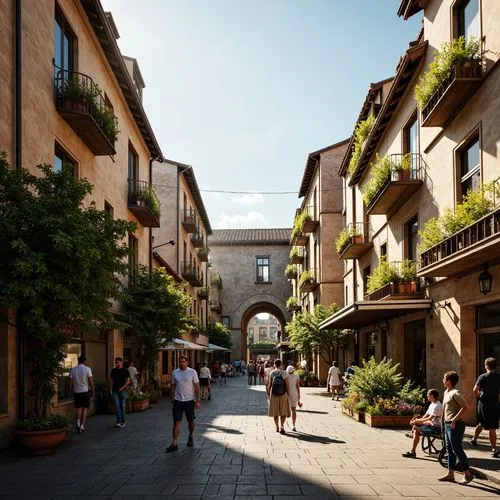 Rustic market square, ancient Romanesque buildings, worn stone walls, ornate facades, verdant green roofs, vibrant flower boxes, lush vines, cobblestone streets, bustling crowd scenes, morning sunligh