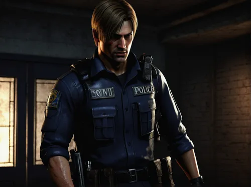 survivor, Leon Kennedy, Raccoon City Police Department uniform, holster, handgun, flashlight, tense expression, zombies, dark corridors, abandoned police station, flickering lights, rain outside, surv