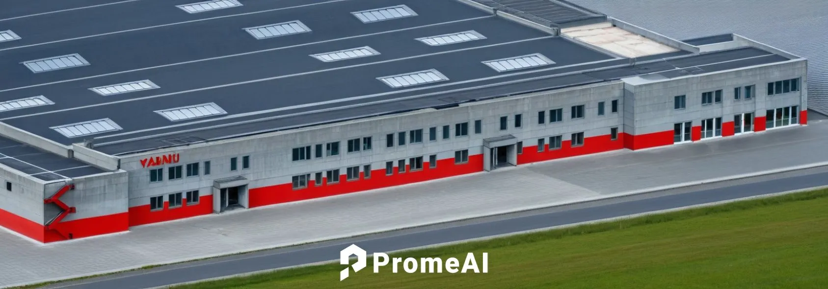 Factory reflected glass, gray sandwich panel, red elevation srip ,a bird's eye view of an industrial building with many windows,danfoss,industrial building,fire station,maranello,fire and ambulance se