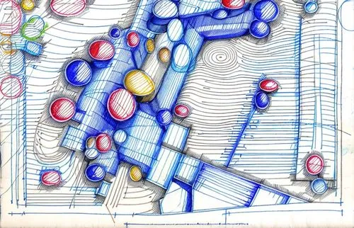 diagrammatic mapping, keep the blue as blue, colored pencil sketch, colorful, blue, hand drawn,tube map,sheet drawing,cell structure,colorful doodle,travel pattern,cellular,car drawing,vector spiral n