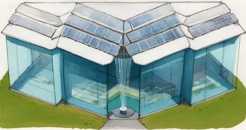 This sketch is an art studio building. The roof has solar panels integrated into it. The roof collects rainwater that flows down to the middle of the building flowing into a long water fountain. inclu