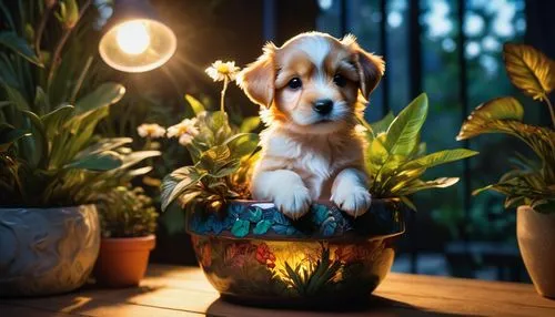 cute puppy in a flower pot,a dog is sitting inside a potted plant,cute puppy,potted plant,st bernard outdoor,ginger plant,golden retriever puppy,flowerpot,Photography,Artistic Photography,Artistic Pho