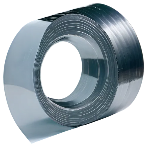 Transparent tape strip, shiny surface, metallic silver, rolled up, curled edge, sticky side facing upwards, solo, centered composition, softbox lighting, high contrast, detailed texture, reflective ma