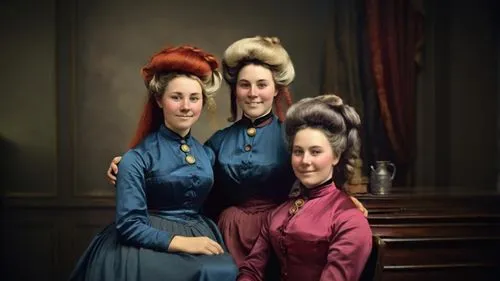 mahogany family,young women,the victorian era,mulberry family,color image,redheads,the long-hair cutter,vintage girls,sisters,19th century,the three graces,victorian fashion,ginger family,hairstyles,xix century,victorian style,the girl's face,nurses,three primary colors,distaff thistles