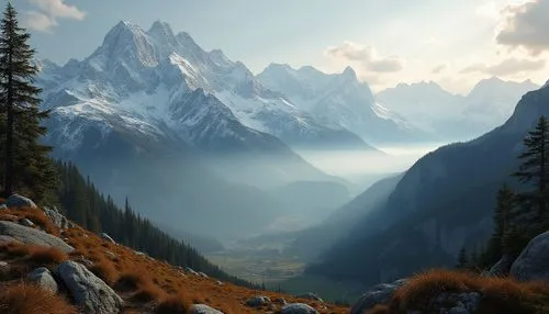 Majestic mountain range, rugged peaks, serene valleys, misty atmosphere, soft warm lighting, gentle fog, rustic wooden textures, earthy brown tones, mossy greenery, weathered stone walls, creamy white