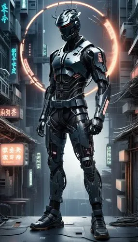 mecha, tokyo, neon, samurai helmet,  warrior, wires,  factory, tower wire, city neon, cyberpunk ,a robot with an asian writing inscription on it,raiden,war machine,battlesuit,crysis,cybersmith,robocop